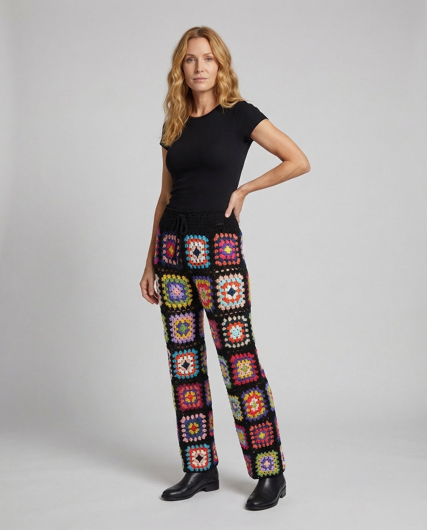 Damen Patchworkhose Häkelmotive Weites Bein - Eveloria