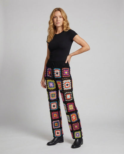 Damen Patchworkhose Häkelmotive Weites Bein - Eveloria
