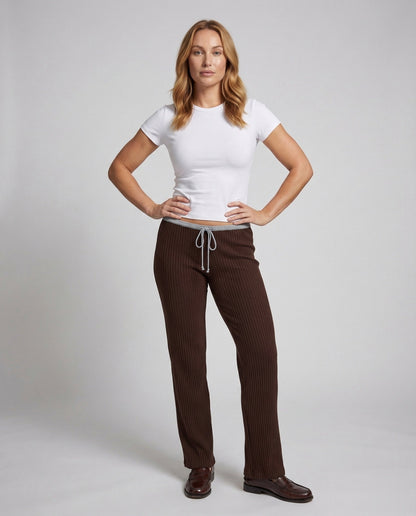 Damen Palazzo Hose Gerippt Tunnelzug Beige - Eveloria