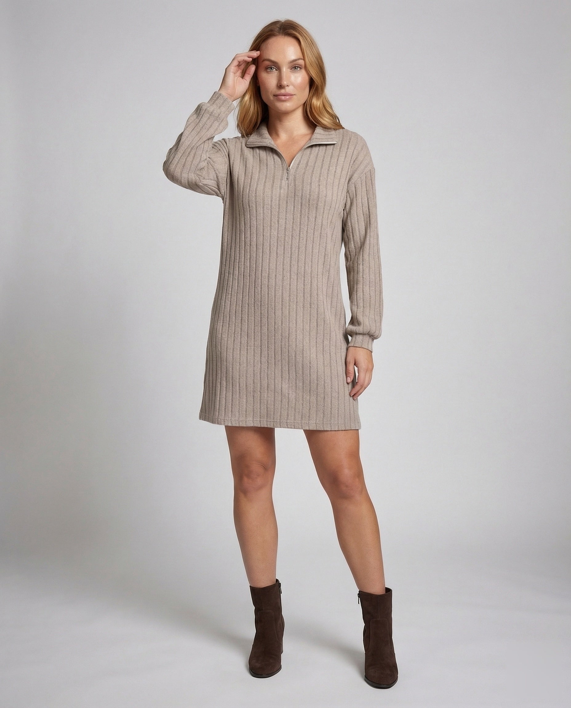 Damen Strickpulloverkleid Gerippt Stehkragen - Eveloria