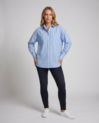 Damen Langhemdjacke Streifen Baumwolle Blau - Eveloria