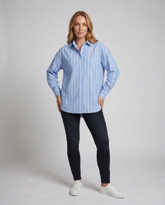 Damen Langhemdjacke Streifen Baumwolle Blau - Eveloria