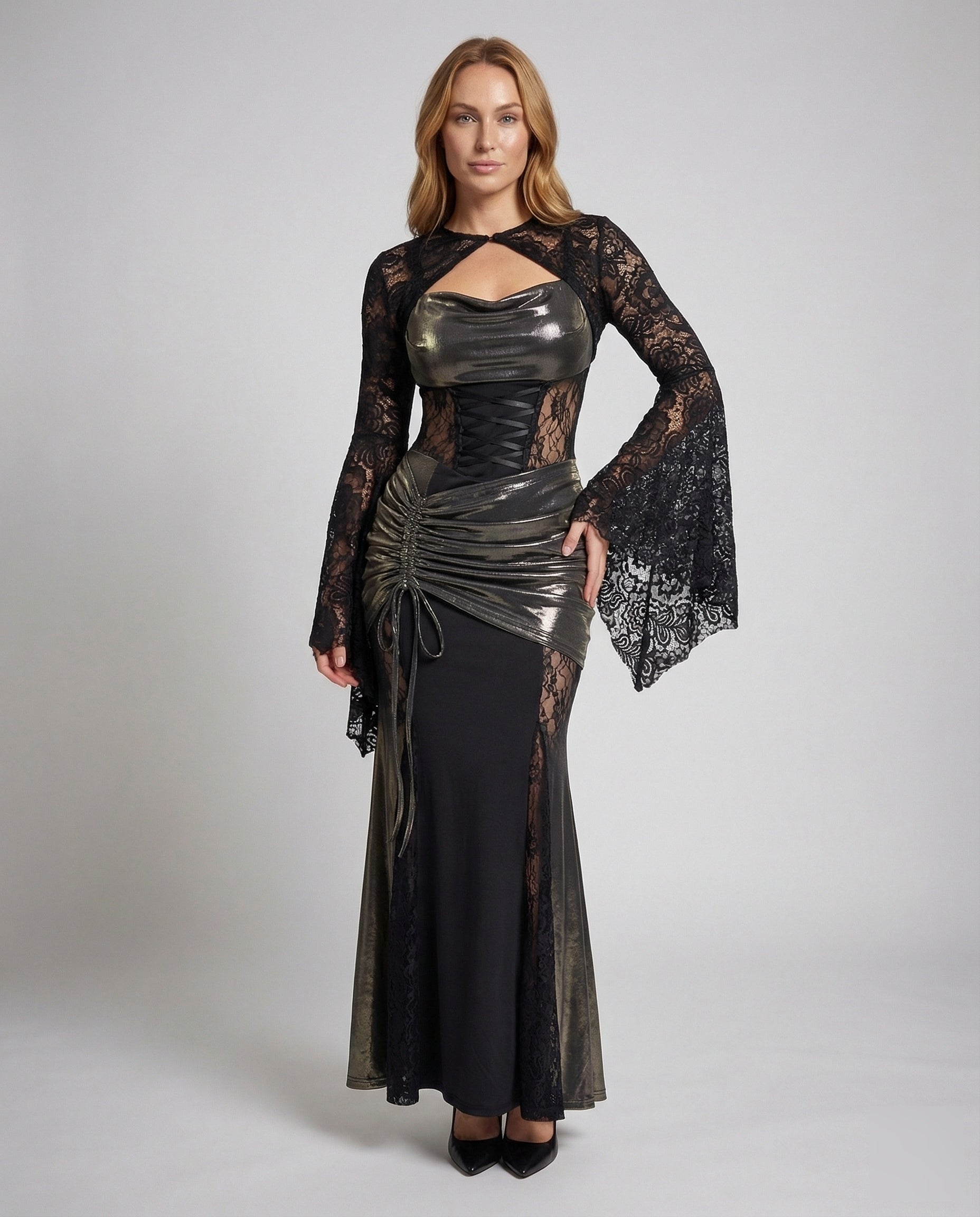 Damen Abendkleid Gothic Spitze Schwarz - Eveloria