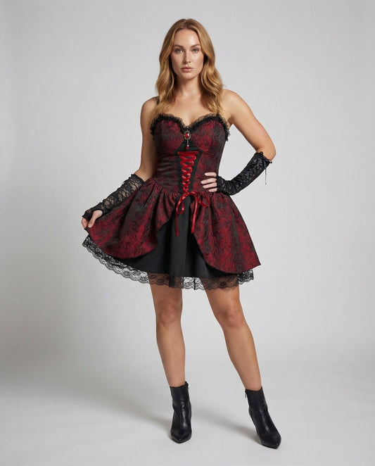 Damen Gotisches Korsettkleid Brokatmuster Schwarz - Eveloria