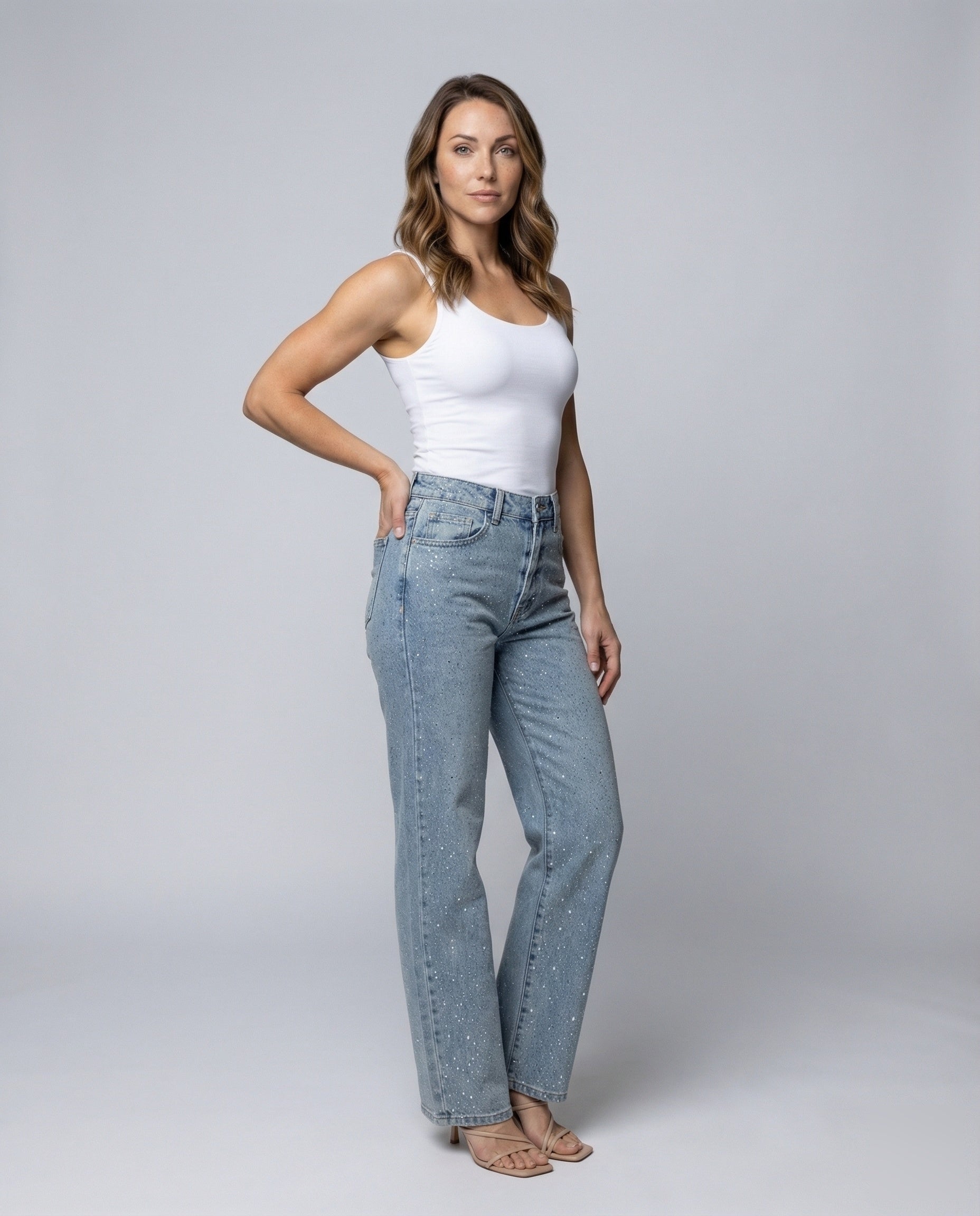 Damen Hochgeschnittene Jeans Gepunktet Blau - Eveloria