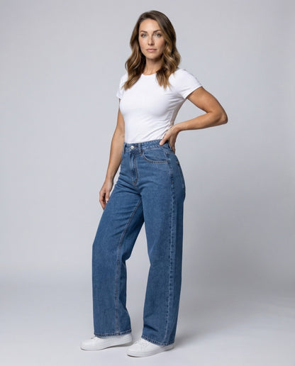 Damen Palazzo-Jeans Hochgeschnitten Slim Fit Schwarz - Eveloria
