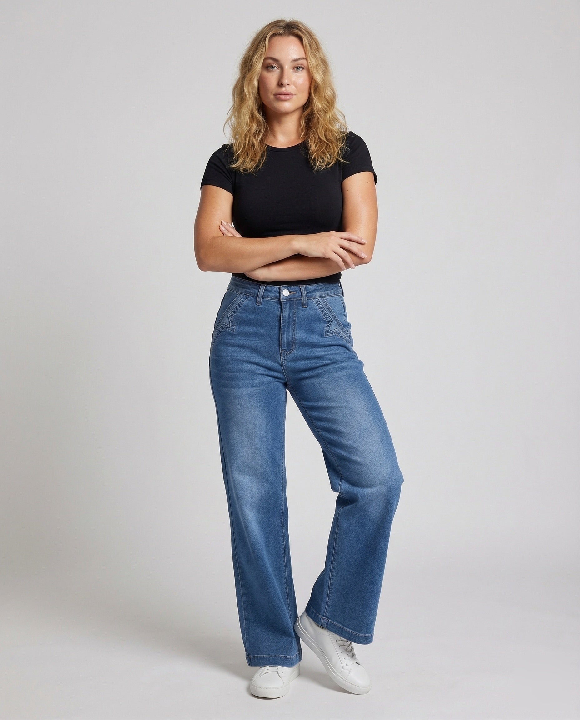 Damen Weite Denim-Hose Hochgeschnitten Leicht Blau - Eveloria