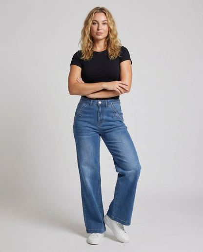 Damen Weite Denim-Hose Hochgeschnitten Leicht Blau - Eveloria