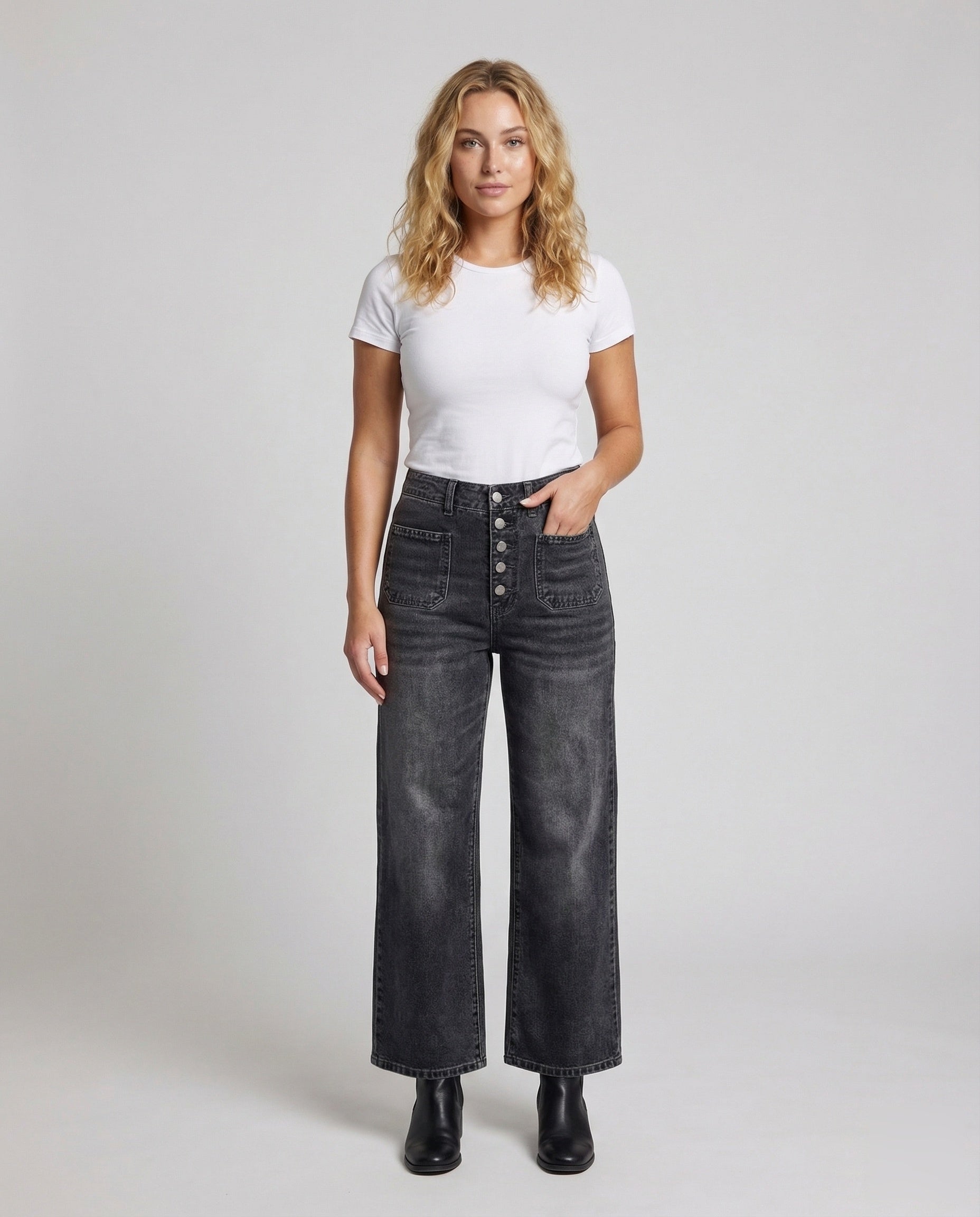 Damen hochgeschnittene weite knöchellange Jeans - Eveloria