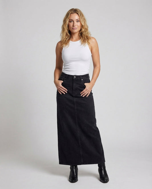 Damen Maxi-Rock Hochgeschnitten Denim Blau - Eveloria