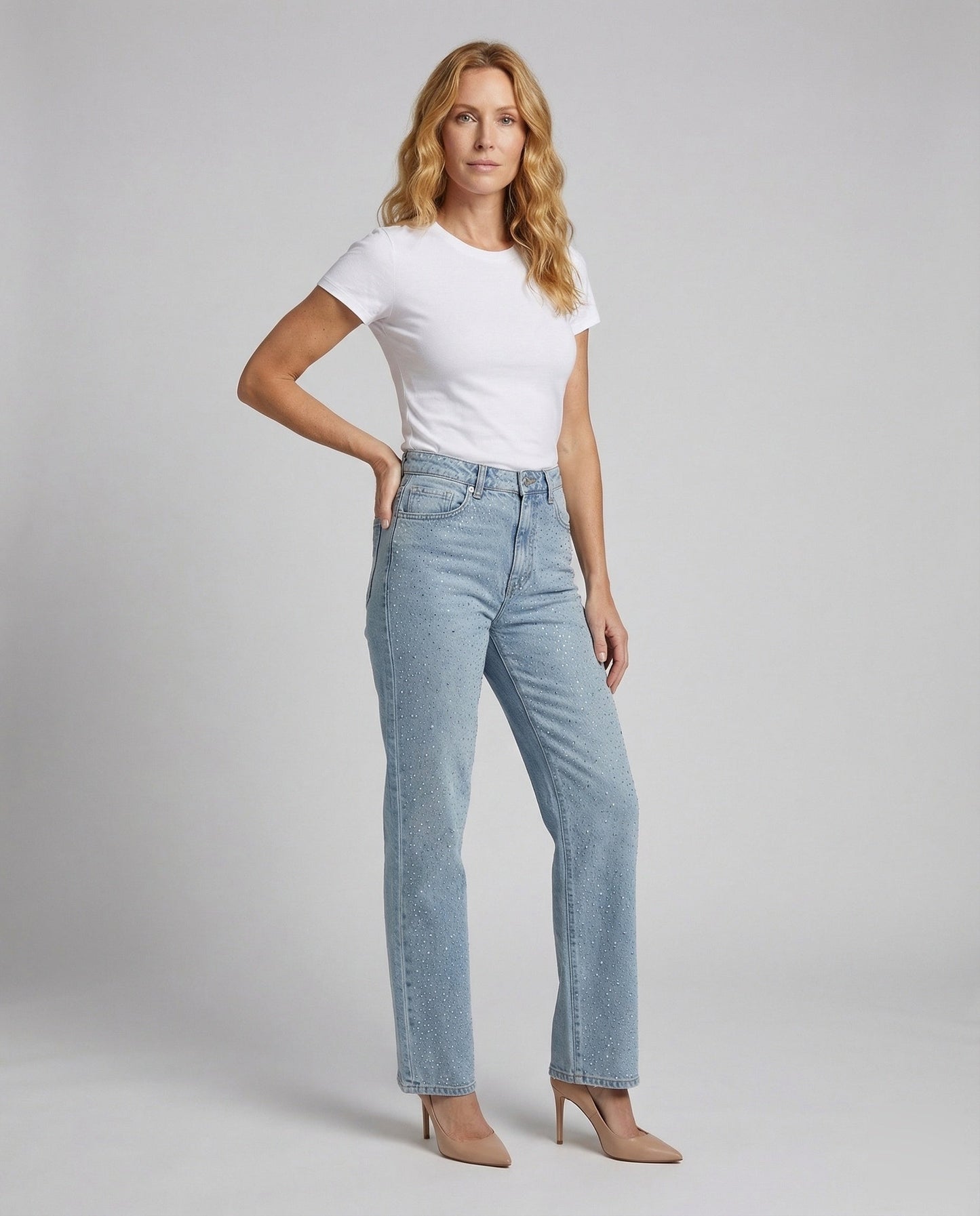 Damen Hochtaillierte Denim-Jeans Strass Blau - Eveloria