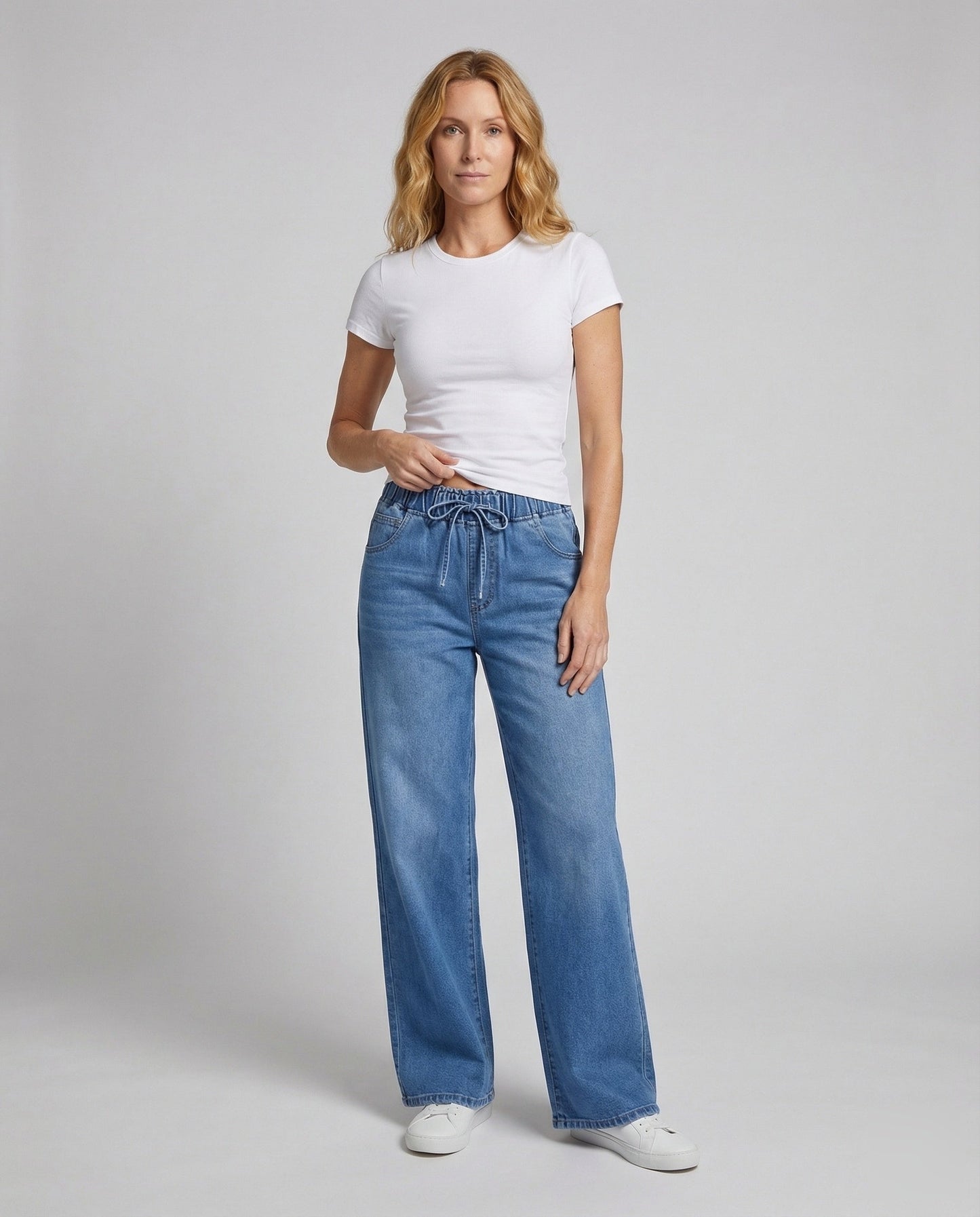 Damen Hochtaillierte Denim-Palazzohose Tunnelzug - Eveloria