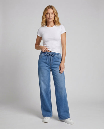Damen Hochtaillierte Denim-Palazzohose Tunnelzug - Eveloria