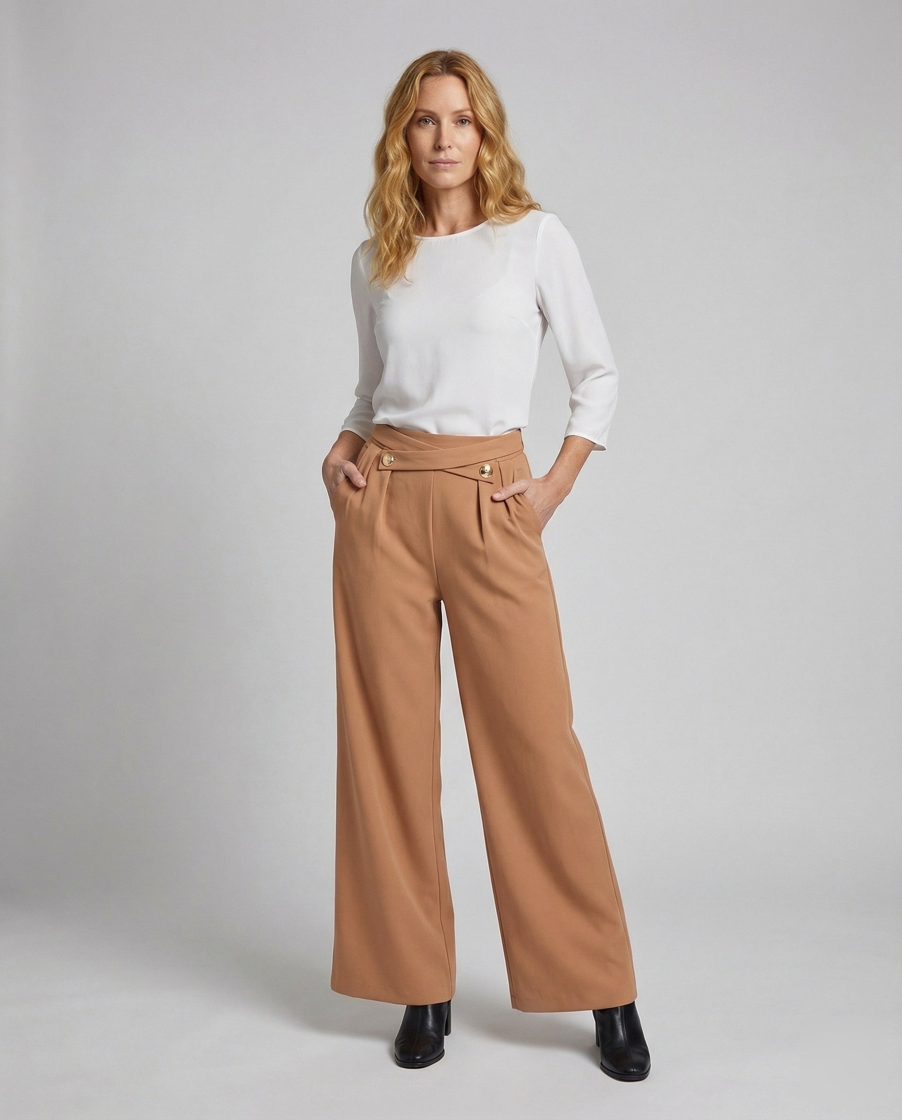 Damen Hochtaillierte Bundhose Drapiert Schwarz - Eveloria