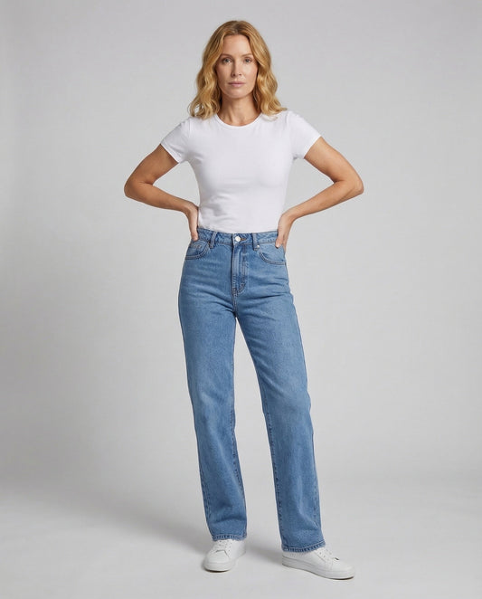 Damen hochtaillierte entspannte Jeanshose - Eveloria