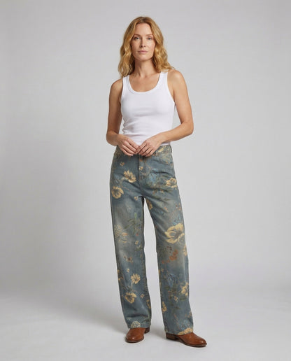 Damen Hochtaillierte Jeanshose Floral Muster - Eveloria