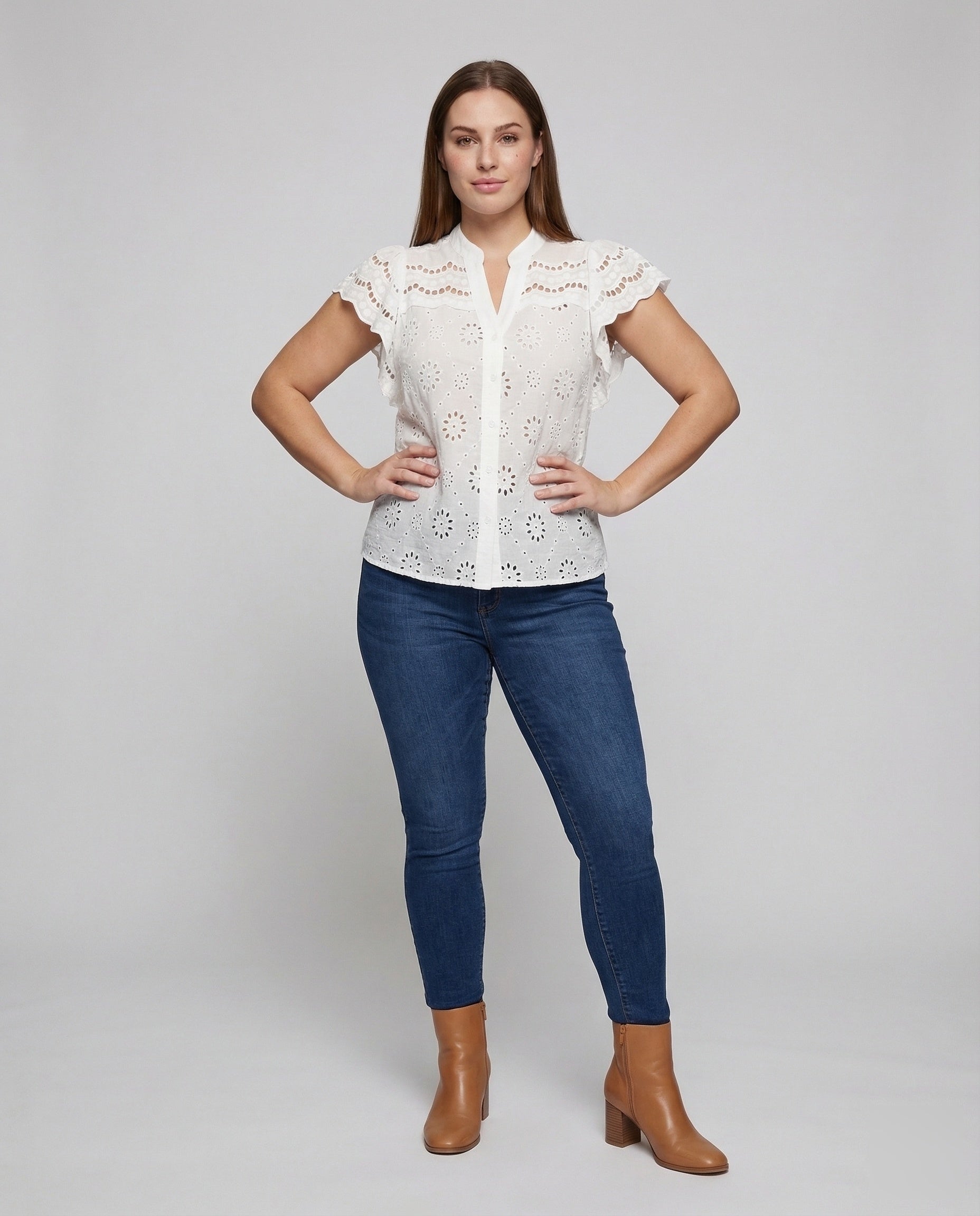 Damen Broderie Bluse Kurzärmelig - Eveloria