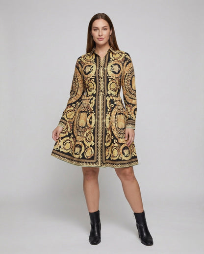Damen Barockprint Hemdblusenkleid Kurz - Eveloria