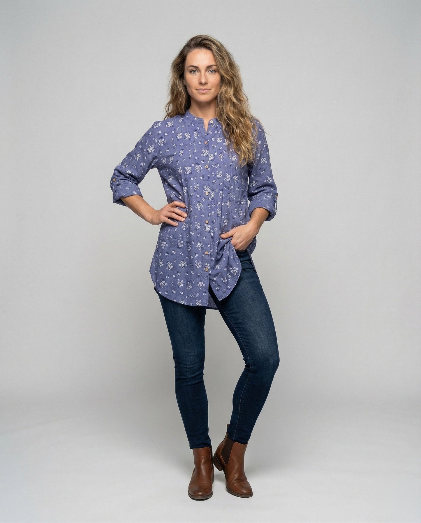Damen Leinenmix Kleid Lang Hemdblusenstyle - Eveloria
