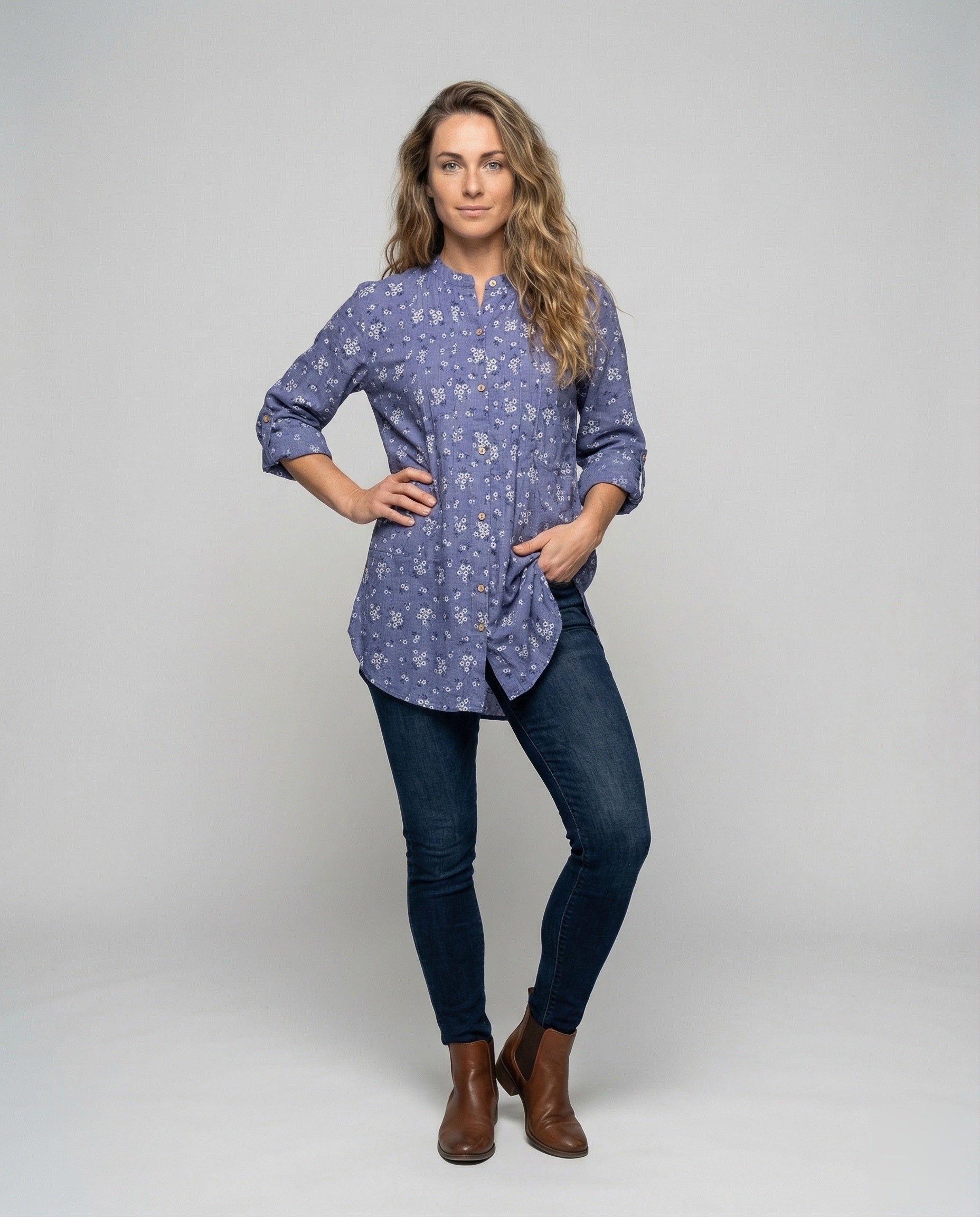 Damen Leinenmix Kleid Lang Hemdblusenstyle - Eveloria