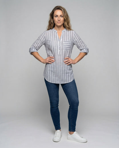 Damen Leinen-Tunikahemd Gestreift Leicht Beige - Eveloria