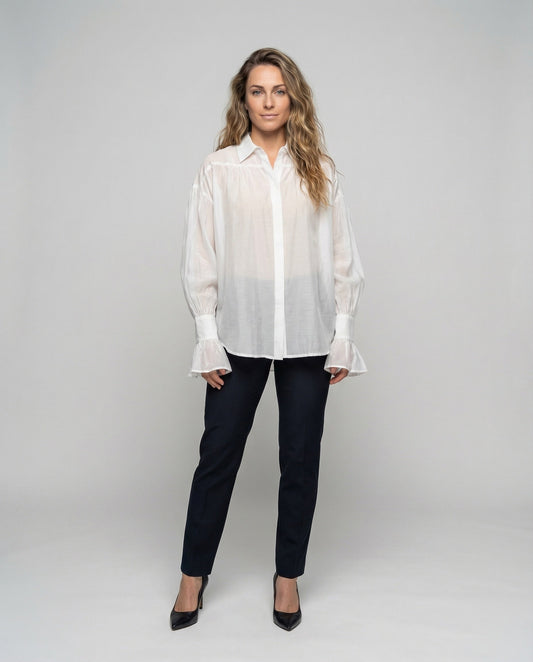 Damen Leichte Baumwollbluse Geraffte Schulterpartie - Eveloria