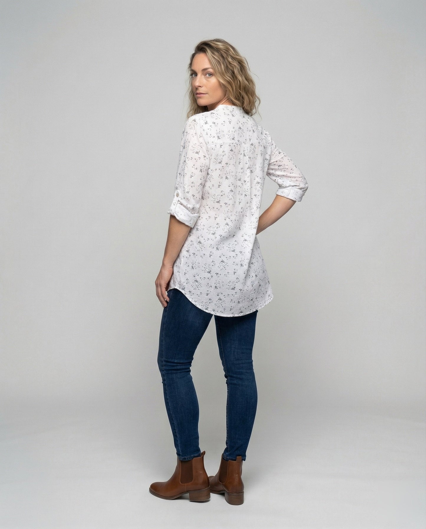 Damen Leinen-Tunika Floralmuster Leicht Beige