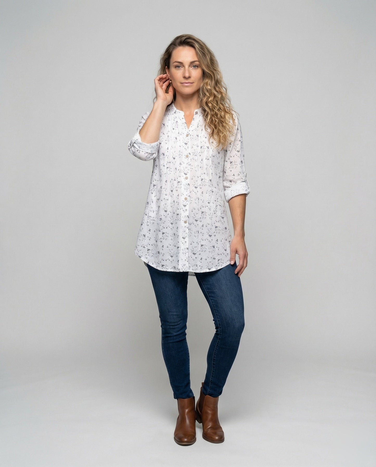 Damen Leinen-Tunika Floralmuster Leicht Beige