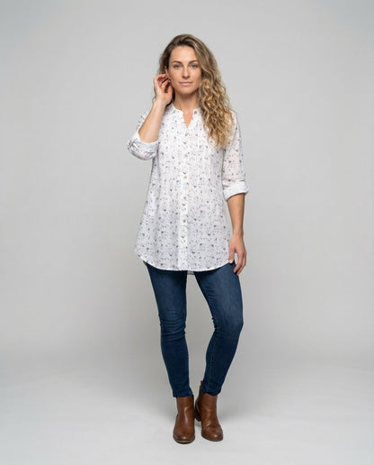 Damen Leinen-Tunika Floralmuster Leicht Beige