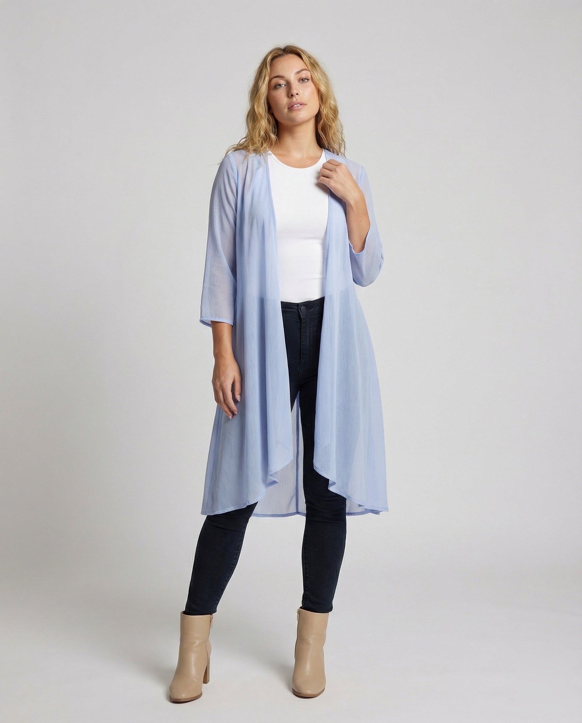 Damen Chiffon-Kimono Leichter Volantsaum Beige - Eveloria
