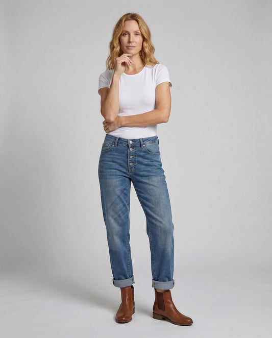 Damen Jeans-Jumpsuit Tailliert Weites Bein - Eveloria