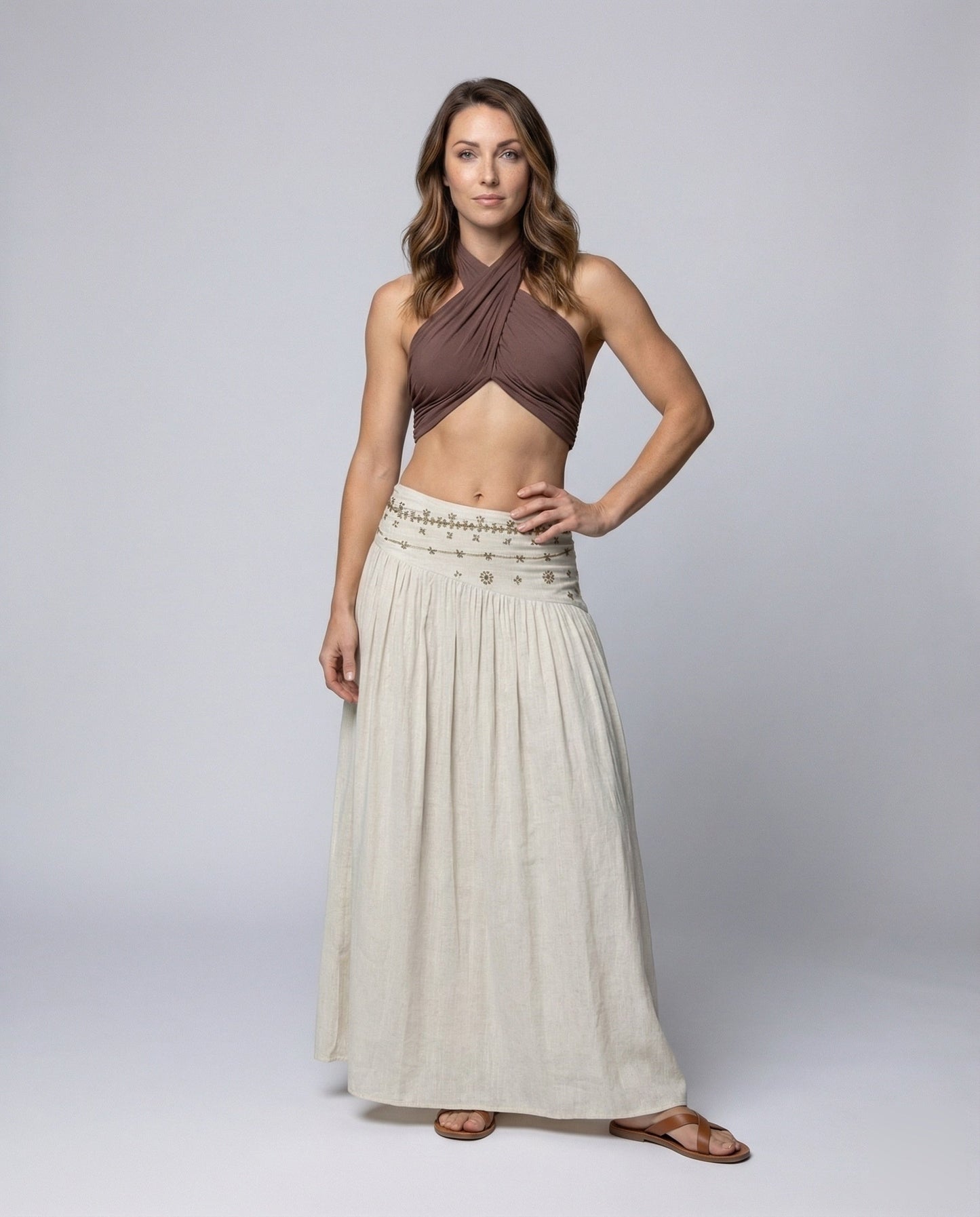 Damen Leinenrock A-Linie Bestickt Beige - Eveloria