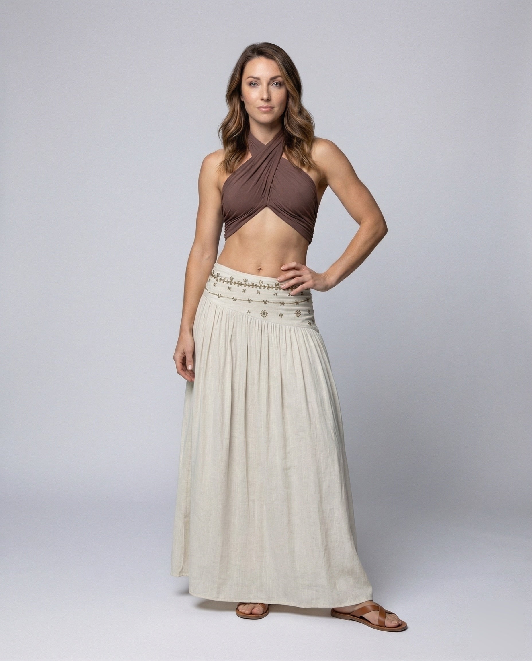 Damen Leinenrock A-Linie Bestickt Beige - Eveloria