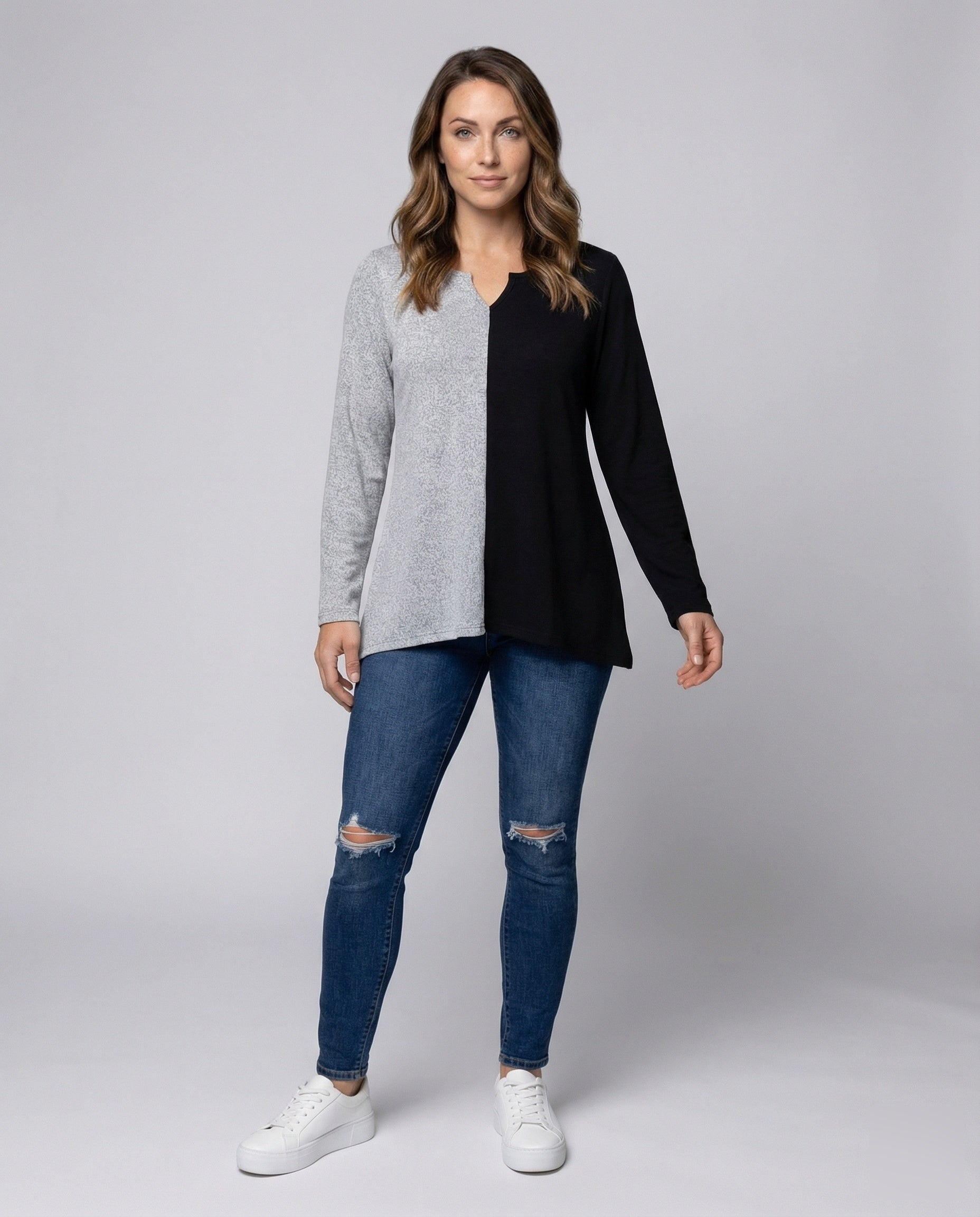 Damen Bluse V-Ausschnitt Dreiviertelärmel Knotendetail - Eveloria