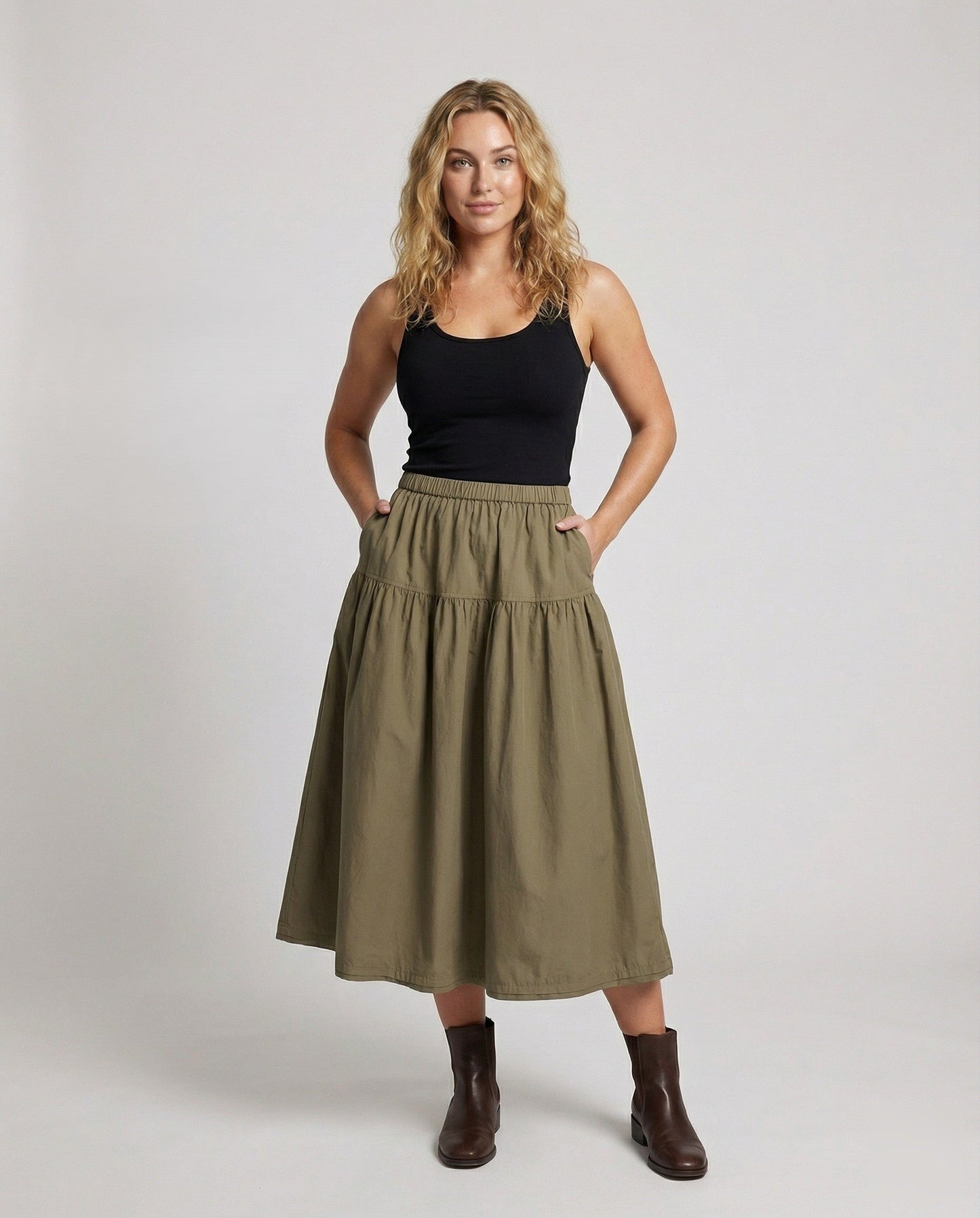 Damen Weicher Midi-Stufenrock Gummibund - Eveloria