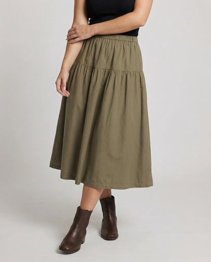 Damen Weicher Midi-Stufenrock Gummibund