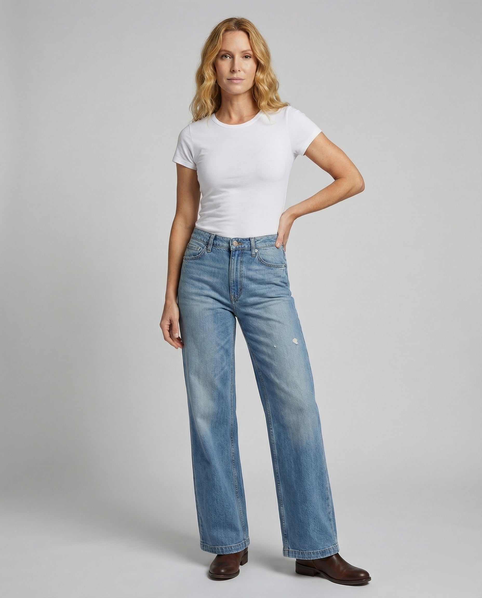 Damen Weite Jeans Abriebdetails Darkblue - Eveloria