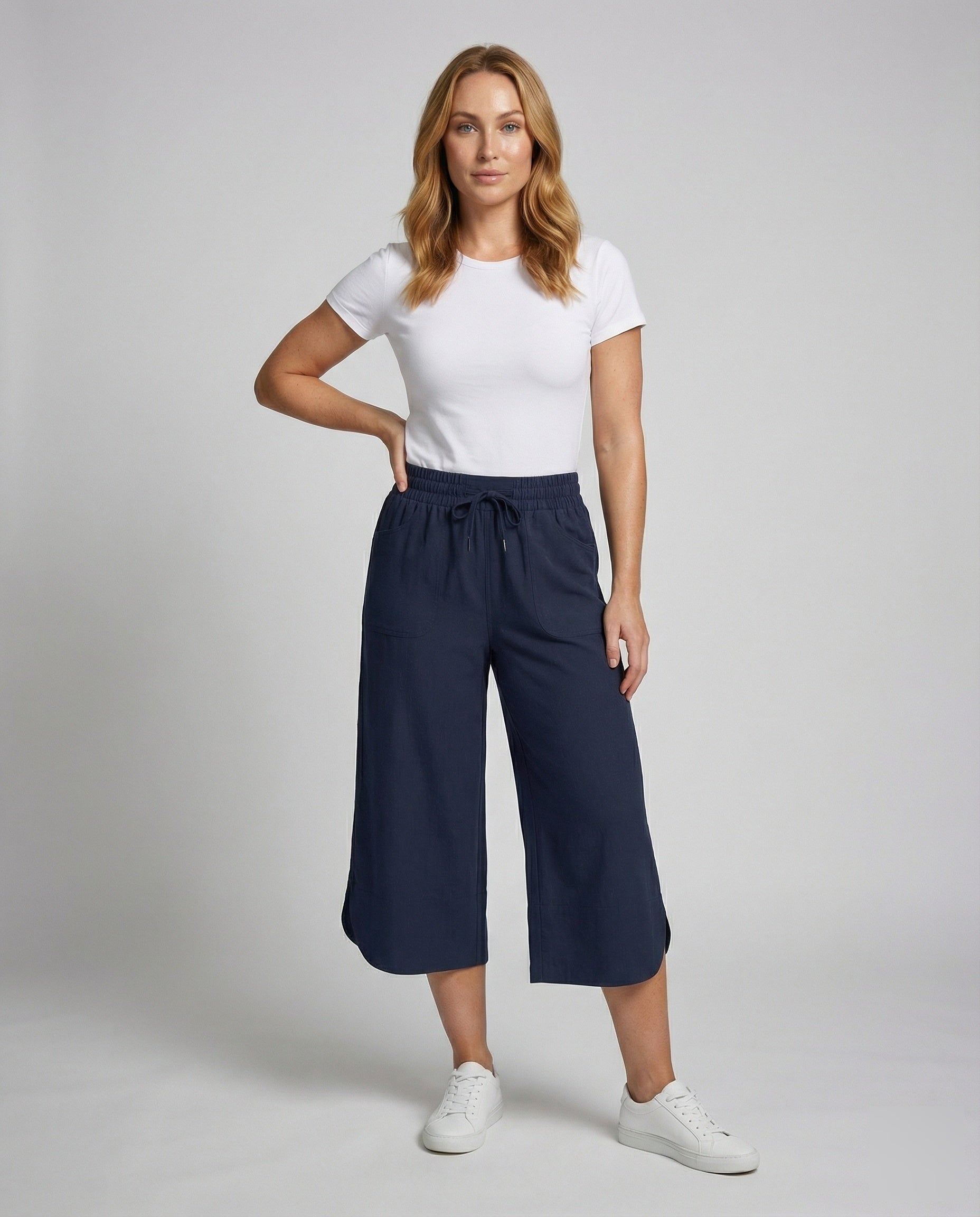 Damen Leinen-Culotte Weite Passform Geschwungener Saum - Eveloria