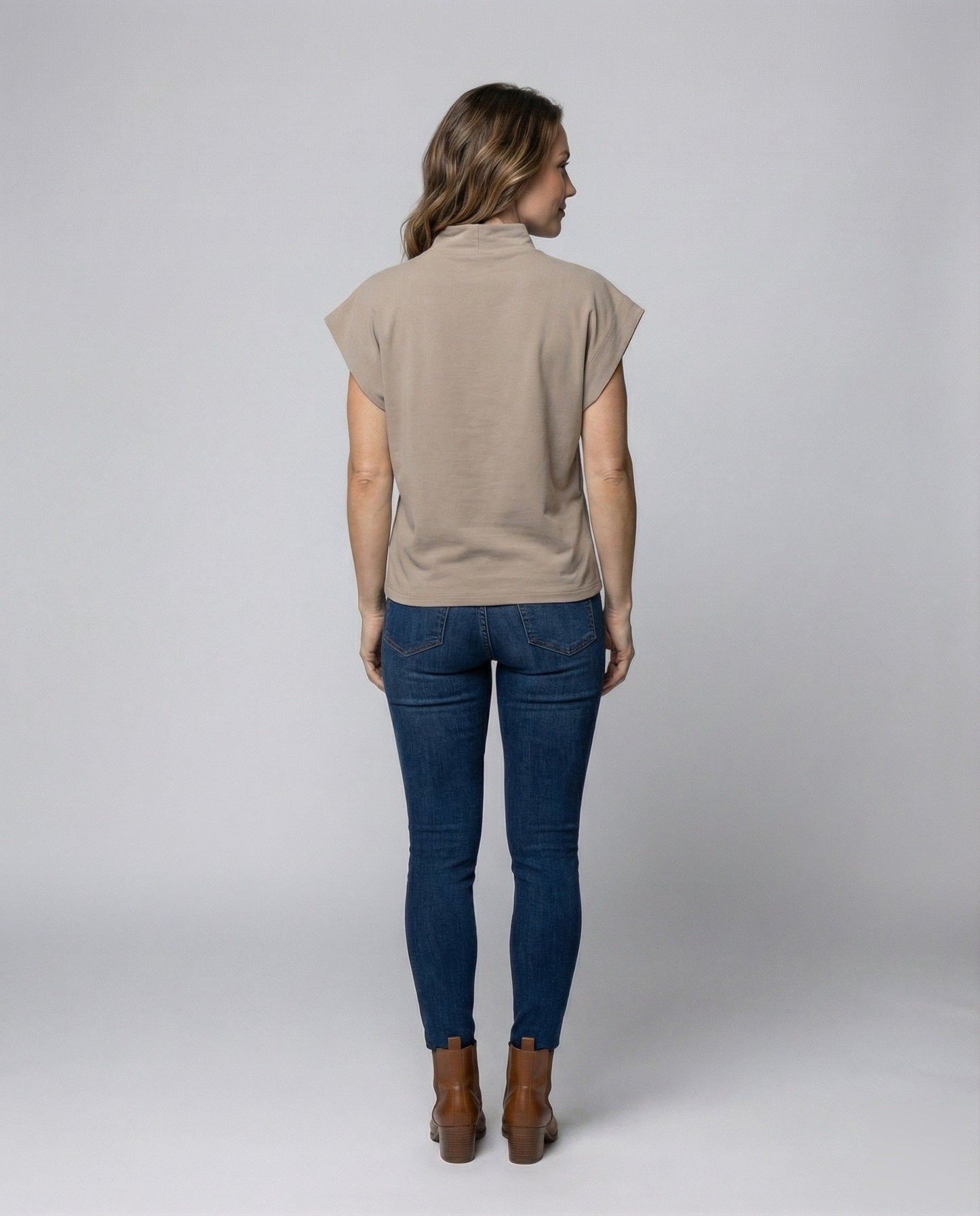 Damen Rollkragen-Tunika Weit Baumwolle Beige