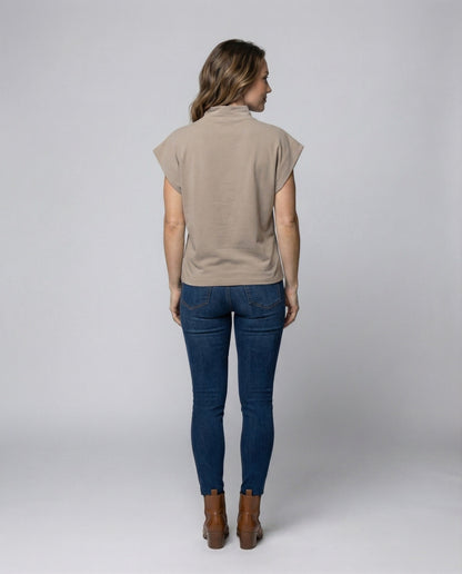 Damen Rollkragen-Tunika Weit Baumwolle Beige