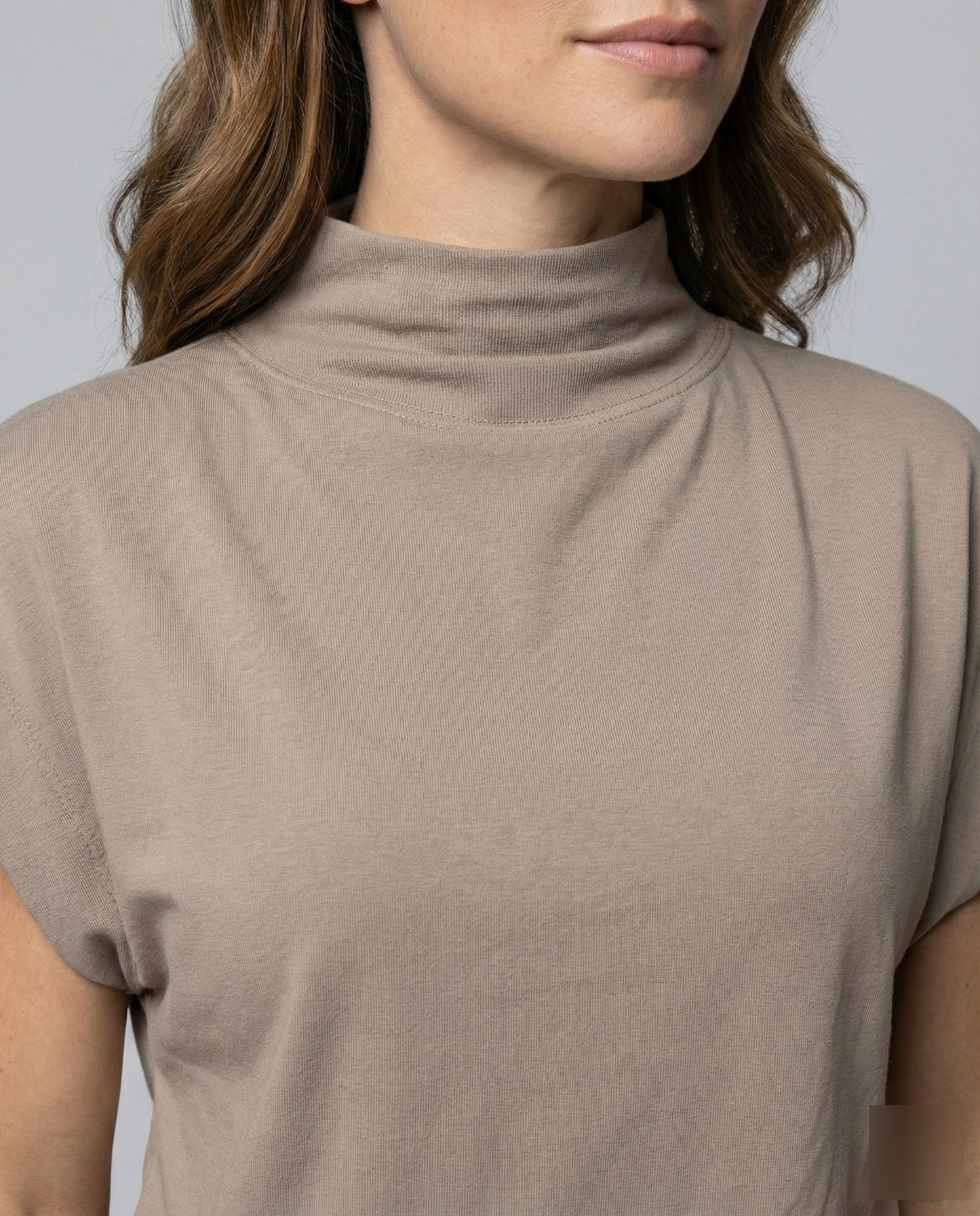Damen Rollkragen-Tunika Weit Baumwolle Beige
