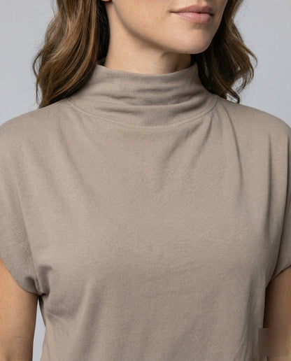 Damen Rollkragen-Tunika Weit Baumwolle Beige