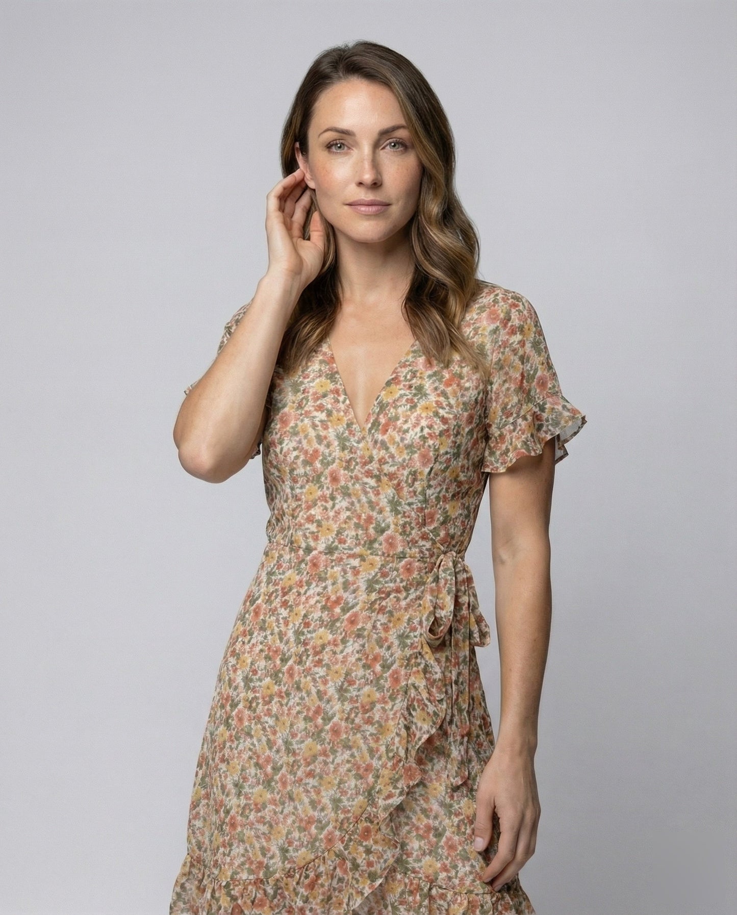 Damen Wickelkleid Asymmetrischer Rüschensaum