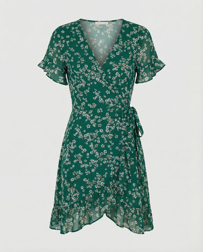 Damen Wickelkleid Asymmetrischer Rüschensaum