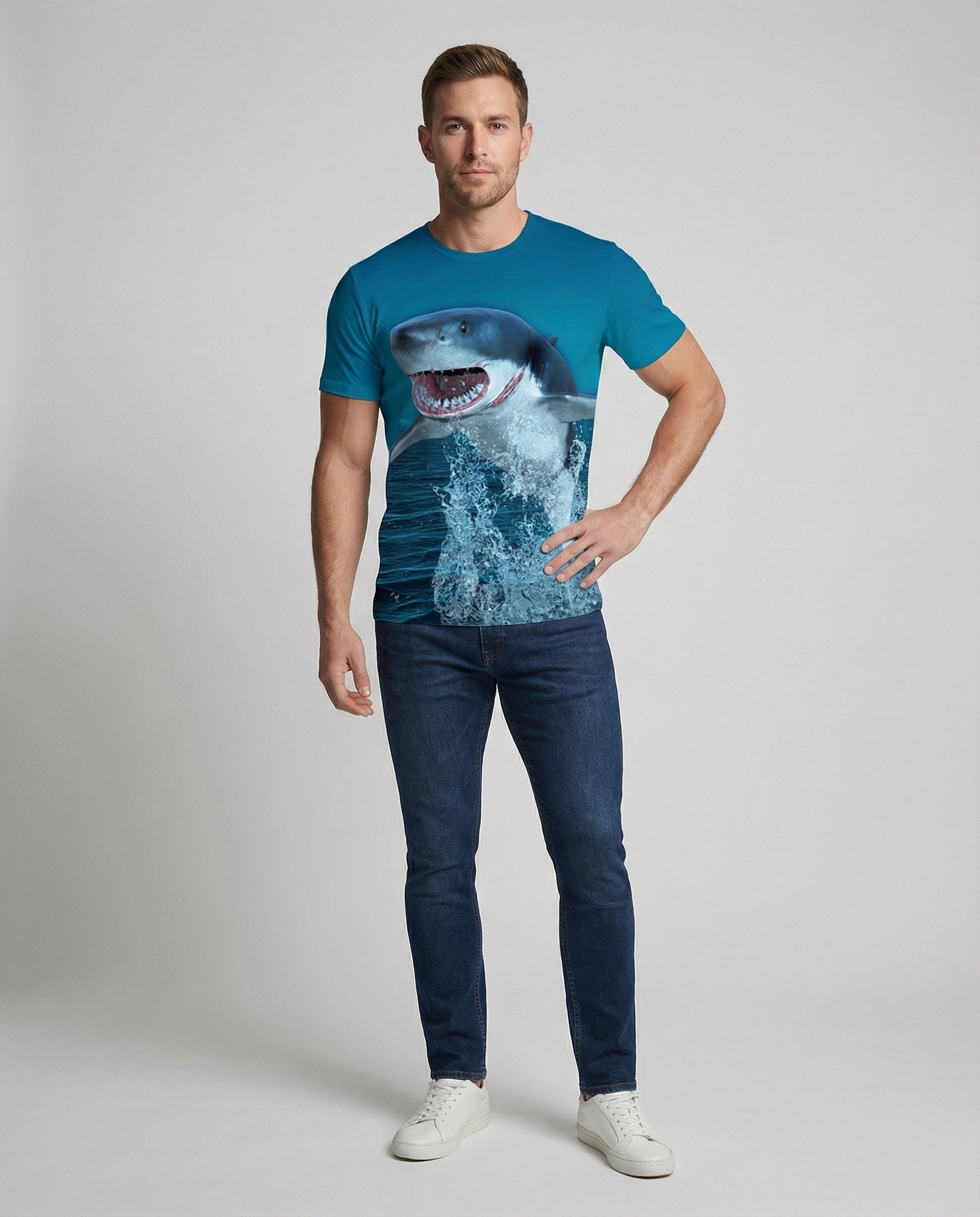Herren T-Shirt Haifisch-Motiv Bedruckt - Eveloria