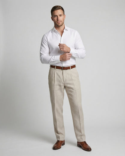 Herren Leinenhose Elegante Bundfalten Beige - Eveloria