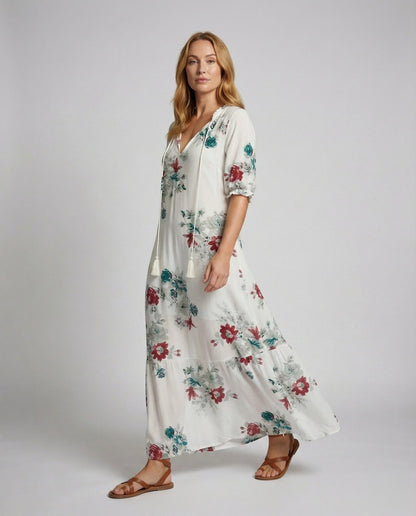 Damen Maxikleid Baumwoll-Gaze mit Blumenprint - Eveloria