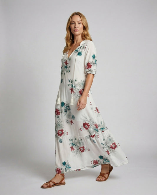 Damen Maxikleid Baumwoll-Gaze mit Blumenprint - Eveloria