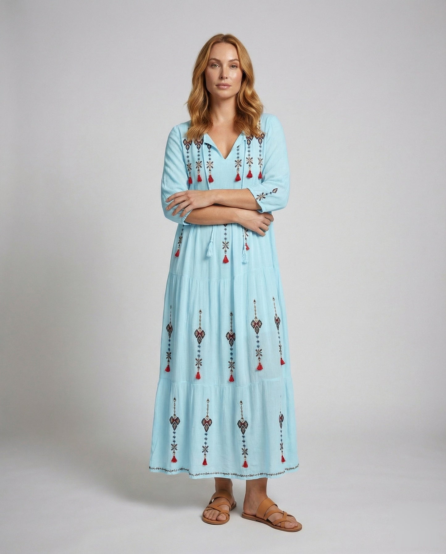 Damen Maxikleid Bestickung V-Ausschnitt - Eveloria