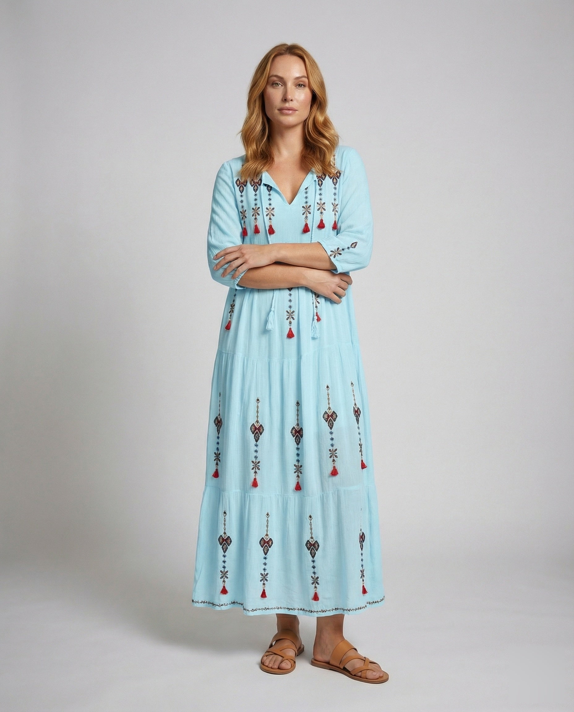Damen Maxikleid Bestickung V-Ausschnitt - Eveloria